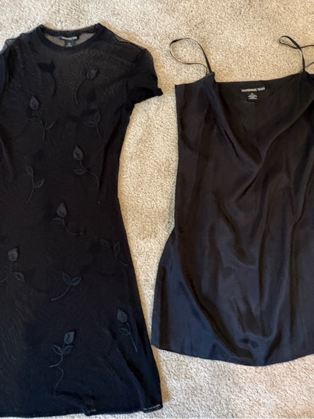 Vivienne Tam Black Layered Slip Dress Set with Floral Knit Overlay